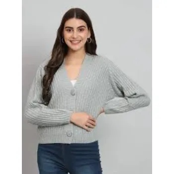 Women Woolen VNeck Self Design Cardigan